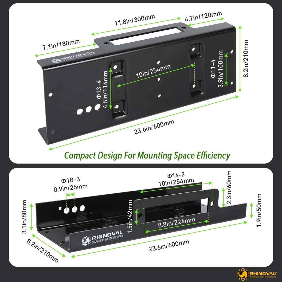 RHINOVAL plate thickness shown next to ruler for compact strength benefit