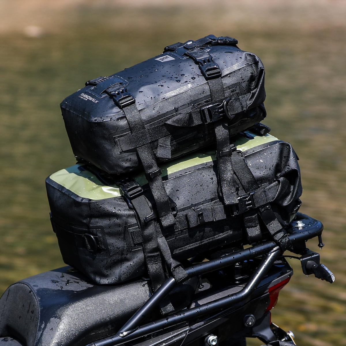 Rhinowalk converted to shoulder and backpack showing easy off-bike carry