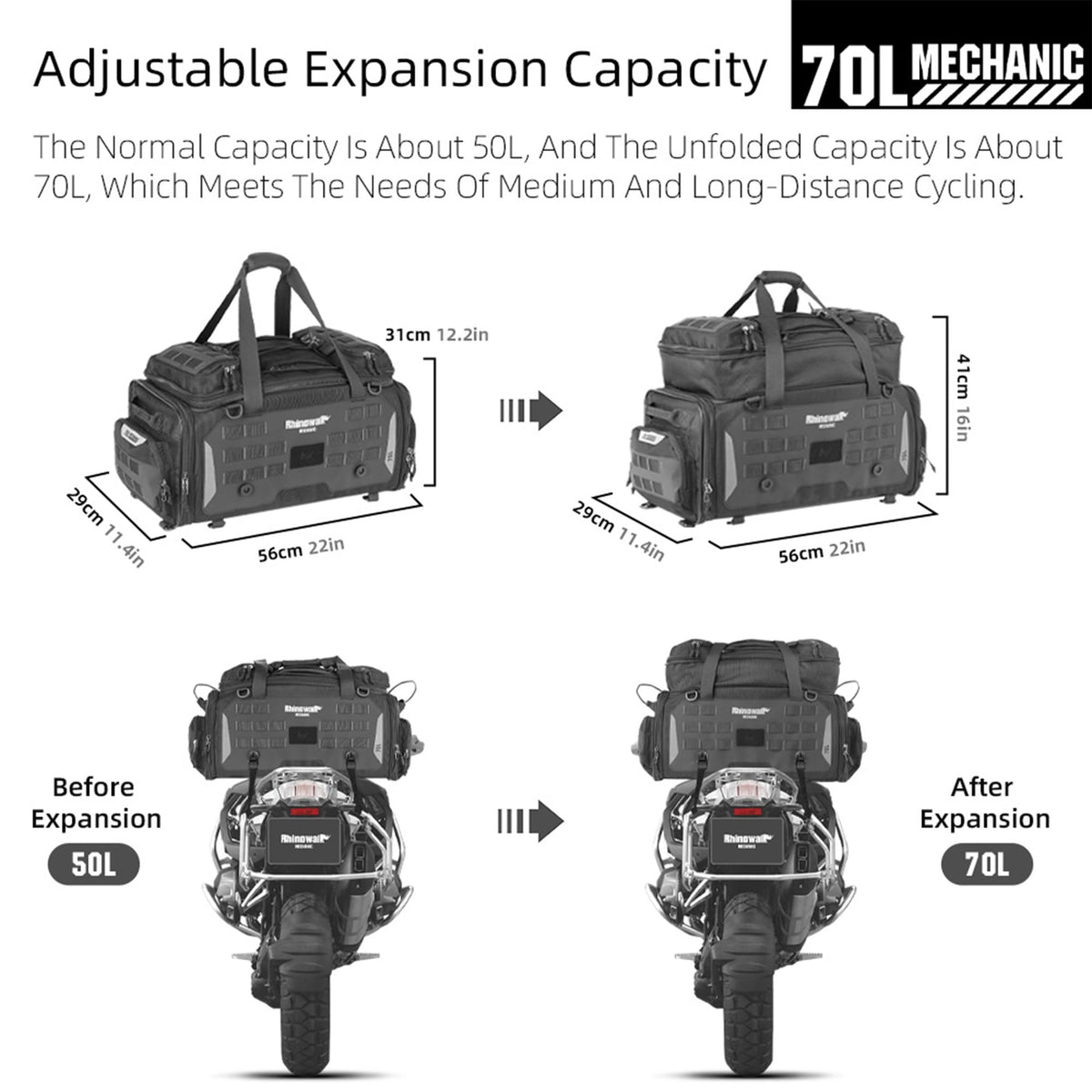 Rhinowalk bag expanded to 70L with extra volume visible for helmet and clothing storage