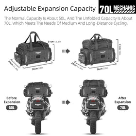 Rhinowalk bag expanded to 70L with extra volume visible for helmet and clothing storage
