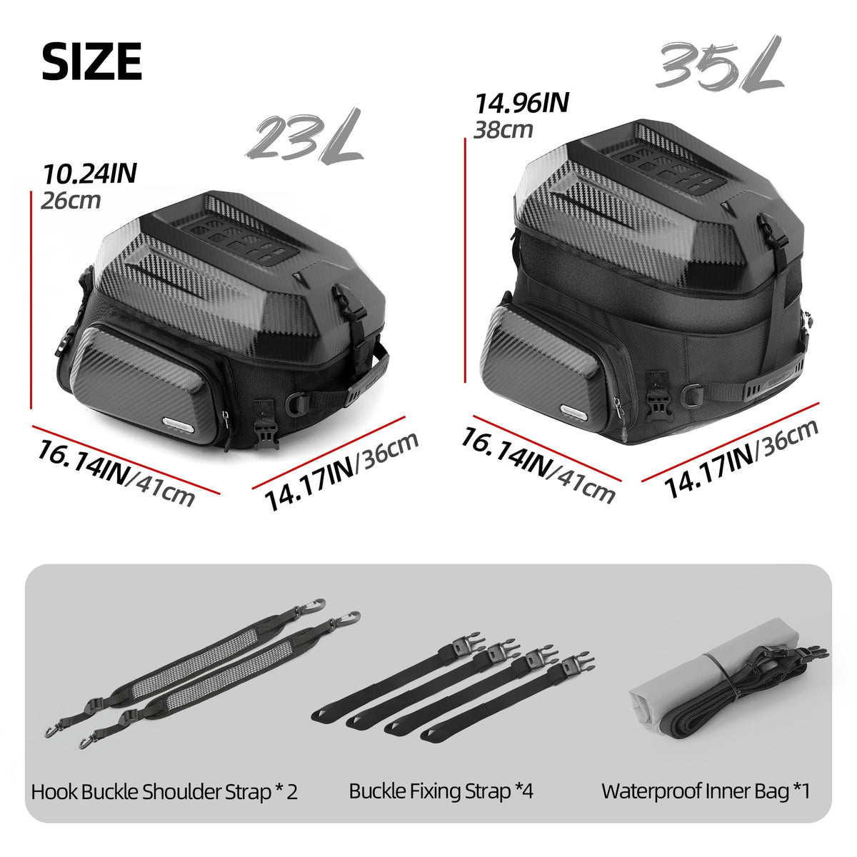 Rhinowalk expanded bag with a full-face helmet inside showing generous storage