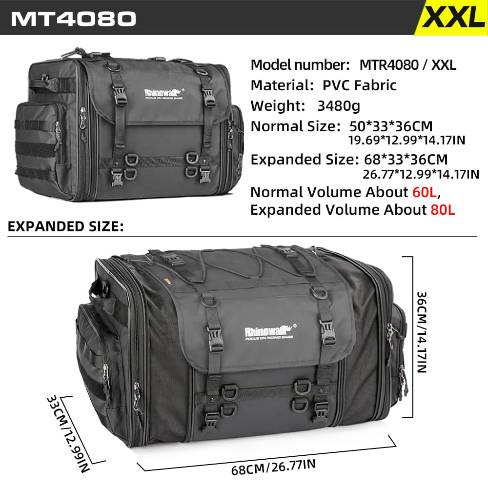 Rhinowalk top zip opened showing expandable 60L to 80L capacity