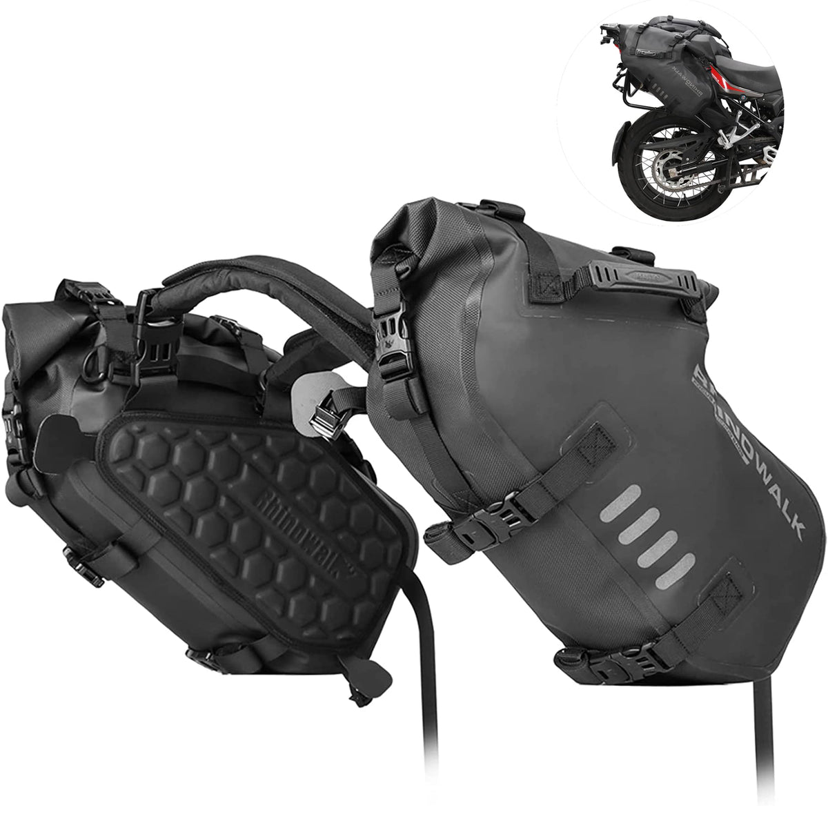 Rhinowalk front view showing pannier pair and roll-top waterproof benefit