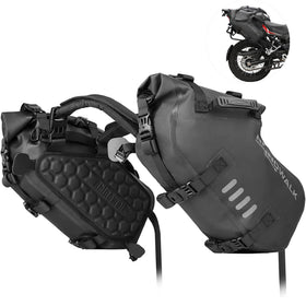 Rhinowalk front view showing pannier pair and roll-top waterproof benefit