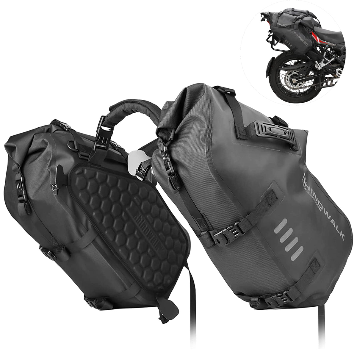 Rhinowalk front view of panniers showing durable waterproof shell and organized storage benefit