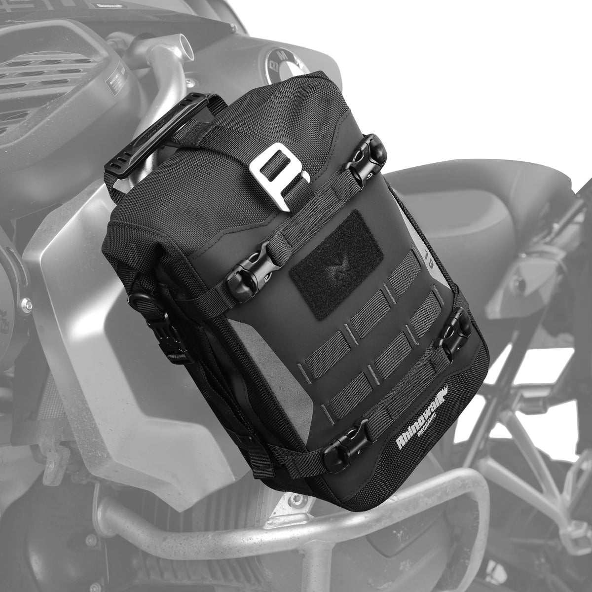 Rhinowalk crash bar bag front view showing compact shape and mounting benefits