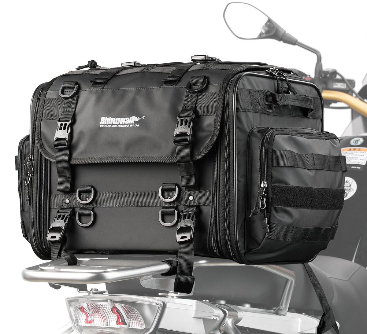 Rhinowalk front view showing bag shape and secure buckles benefiting quick access