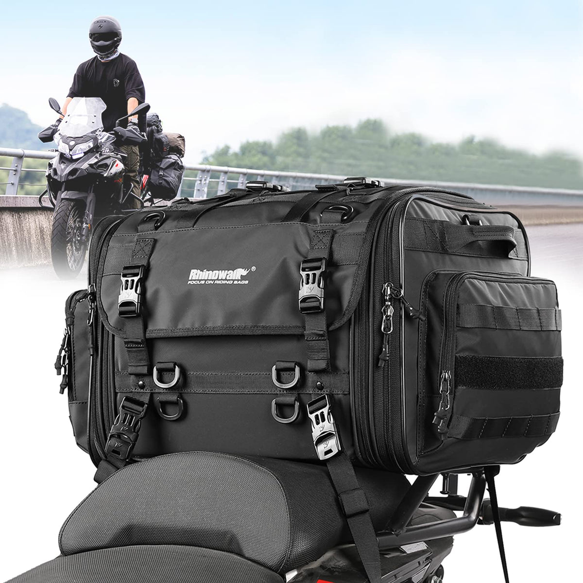 Rhinowalk front view of tail bag showing shape and mounting straps for secure transport