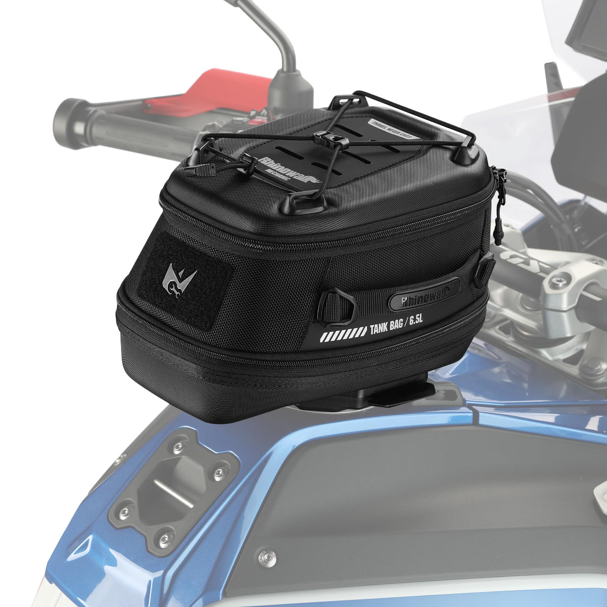 Rhinowalk front view of tank bag showing sleek profile and mounting benefits