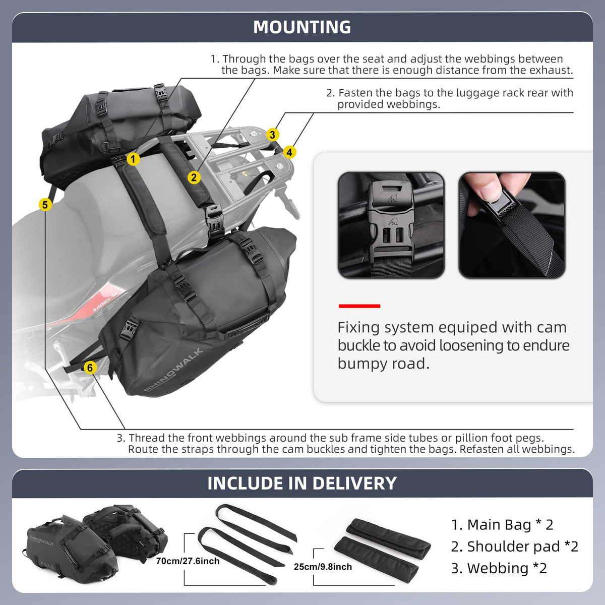 Rhinowalk open bag interior with packed gear illustrating 24L capacity per side benefit