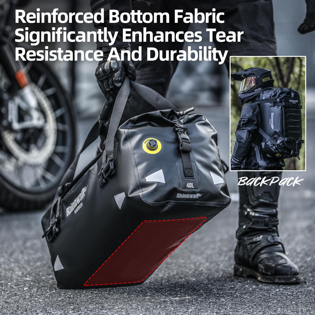 Rhinowalk mounted on motorcycle showing stable luggage attachment