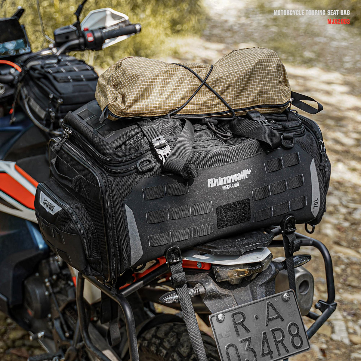 Rhinowalk mounted on motorcycle tail showing fit and scale relative to bike seat