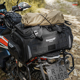 Rhinowalk mounted on motorcycle tail showing fit and scale relative to bike seat