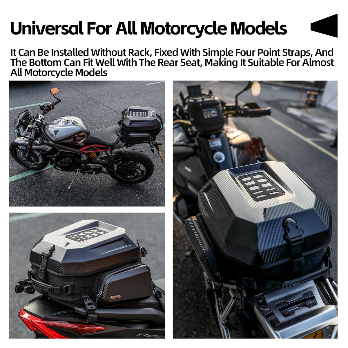 Rhinowalk mounted on motorcycle rear demonstrating stable rackless installation