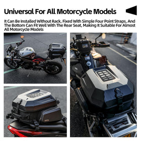 Rhinowalk mounted on motorcycle rear demonstrating stable rackless installation