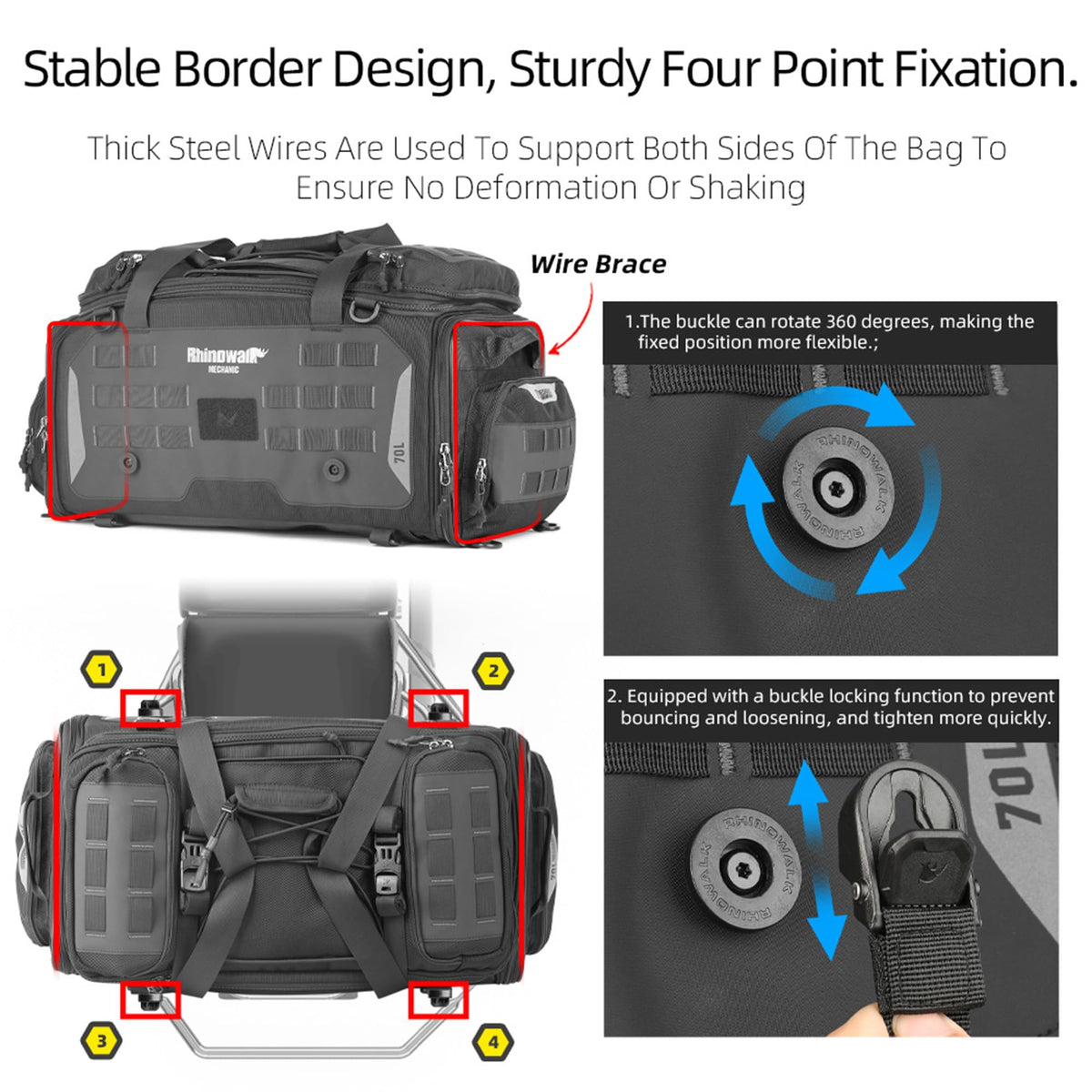 Rhinowalk rain cover deployed over tail bag protecting contents from heavy rain