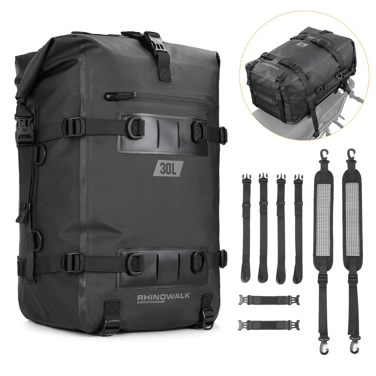 Rhinowalk rear tail bag front view showing compact design and secure closure