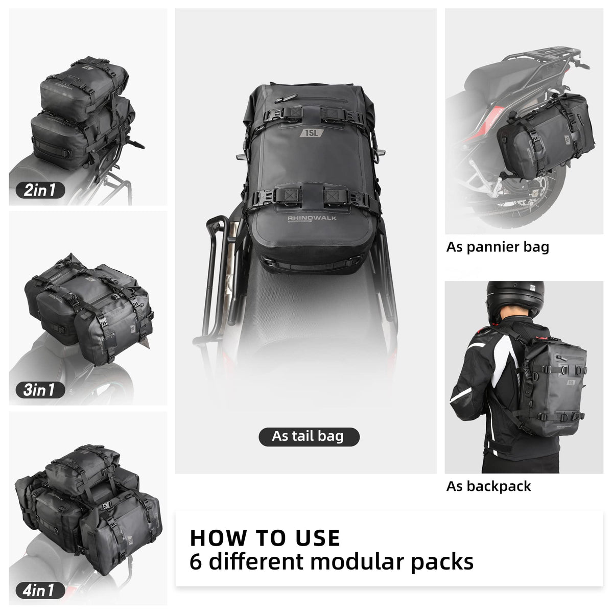 Rhinowalk converted with shoulder straps into backpack for easy off-bike carry