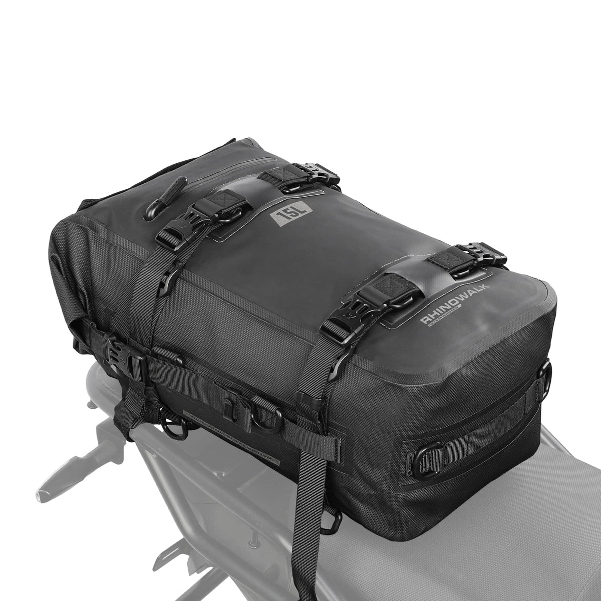 Rhinowalk tail bag front view showing sleek black waterproof shell and secure buckles