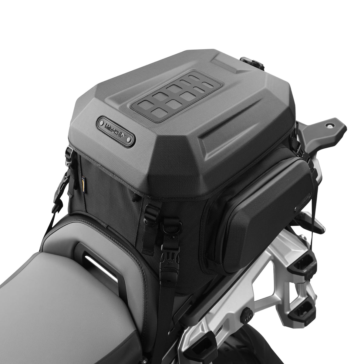 Rhinowalk tail bag front view showing compact profile and secure closure for weather protection