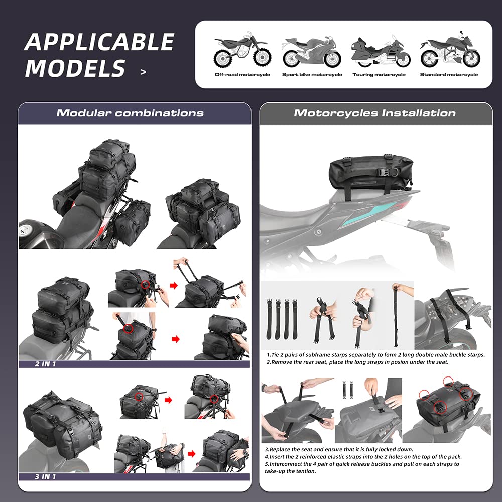 Rhinowalk tail bag modular combination configured for extra capacity flexibility