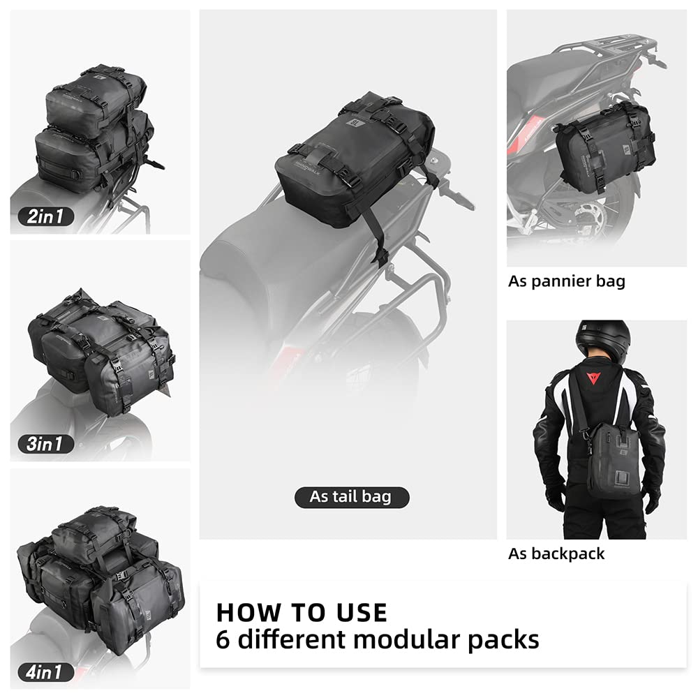 Rhinowalk tail bag mounted on motorcycle demonstrating stable rack attachment