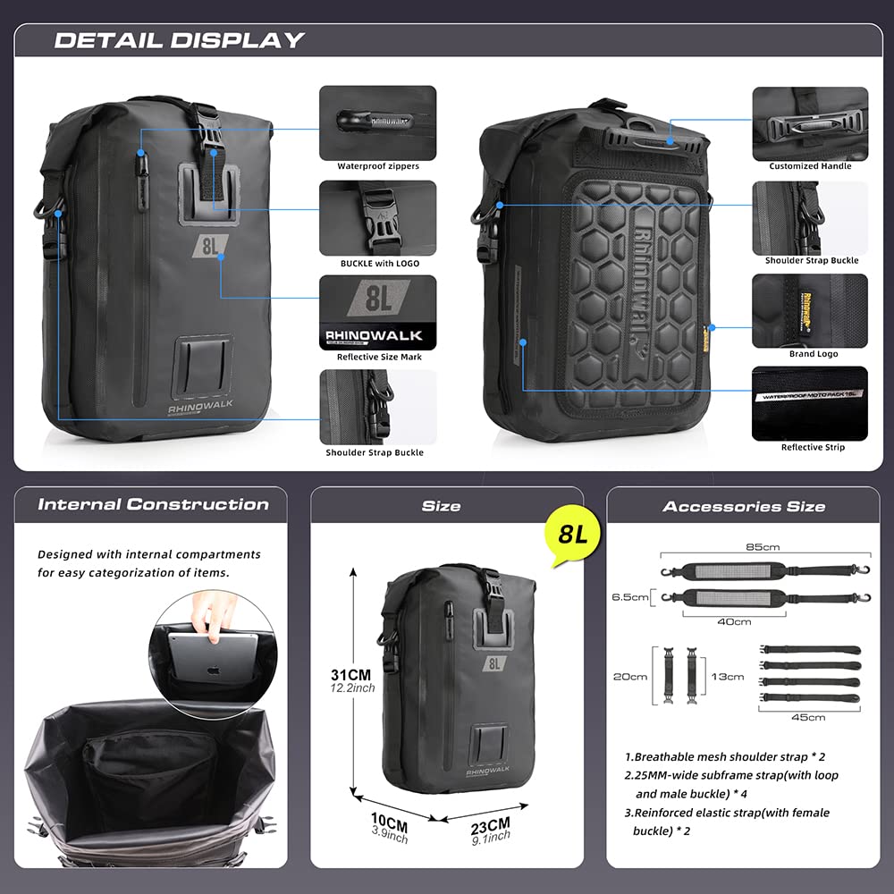 Rhinowalk tail bag side profile showing straps and attachment reliability