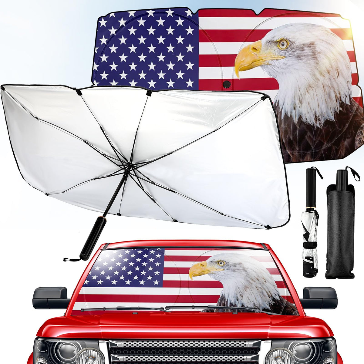 Riakrum front view showing eagle flag design and clear sun-blocking benefit