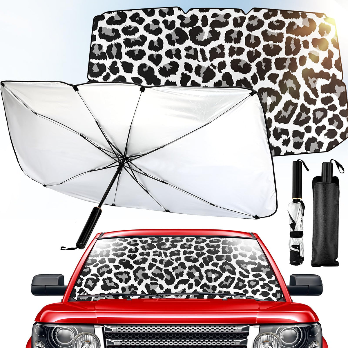 Riakrum leopard front view of unfolded shade showing full coverage and quick setup