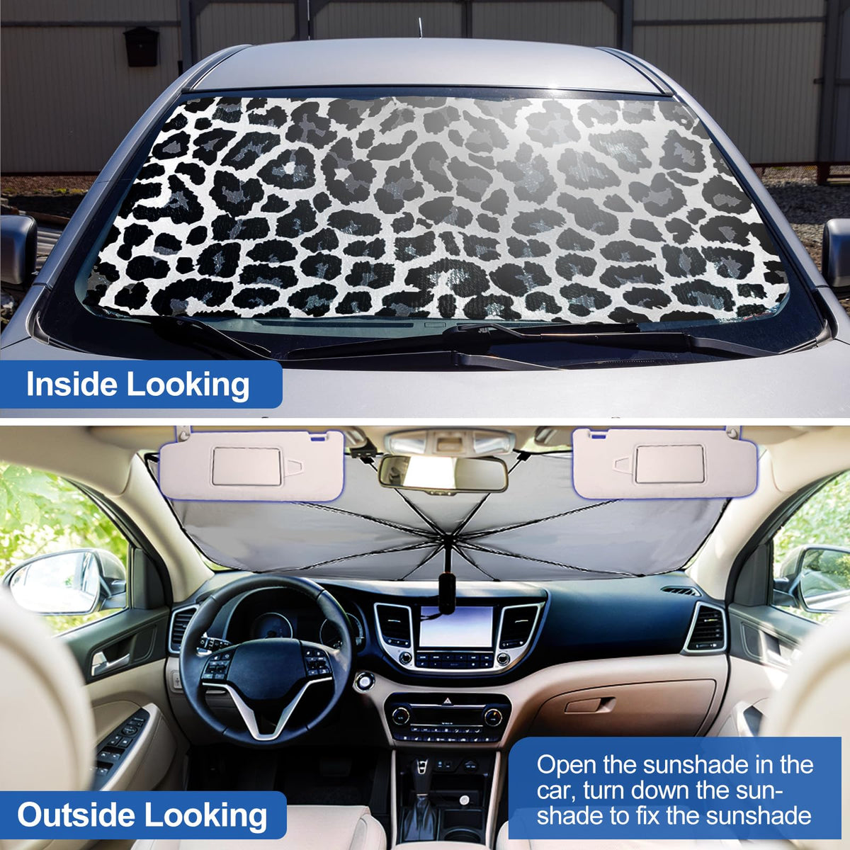 Riakrum leopard installed on car windshield demonstrating heat-blocking effect