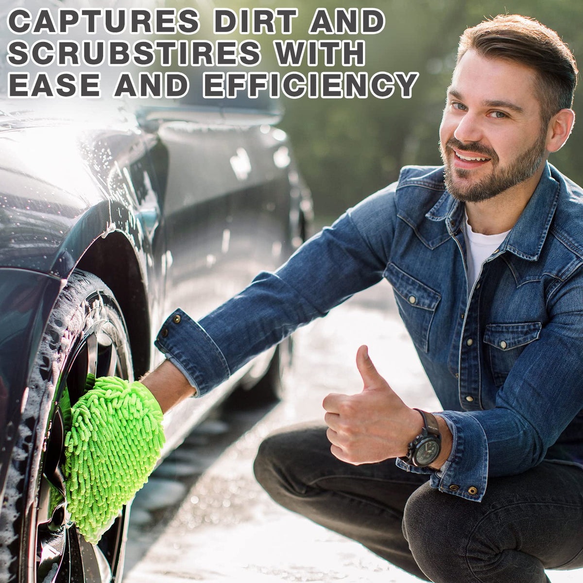 Riakrum mitt in hand washing a car delivering safe dirt removal