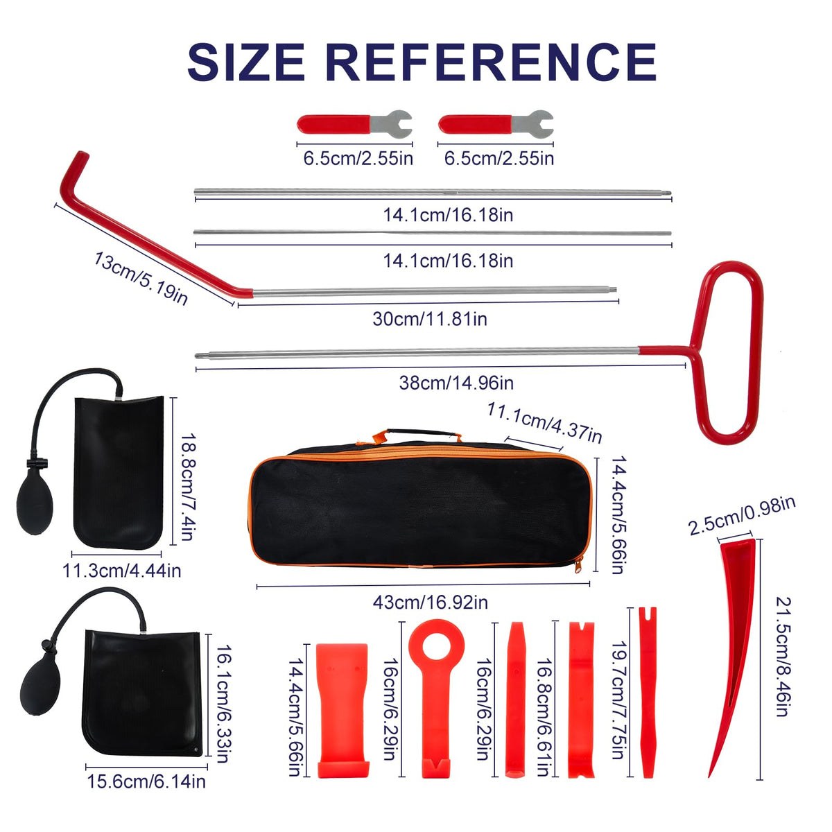 ricenp tools laid beside ruler showing 68 inch reach and compact organized pouch