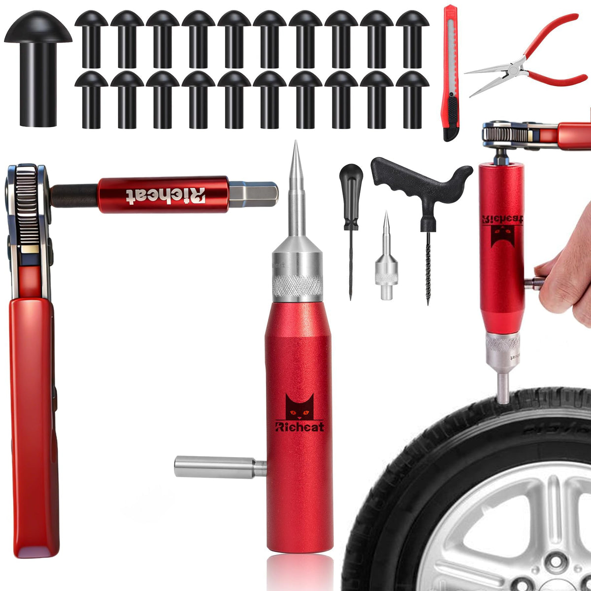 Richcat contents arranged labels highlighting included tool, 20 plugs and instructions