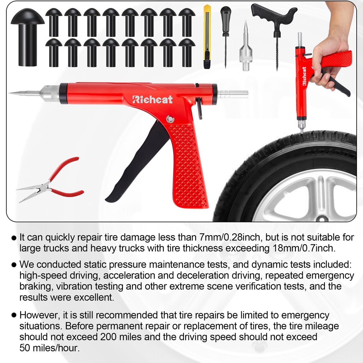 Richcat used on a motorcycle tire illustrating quick repair benefit
