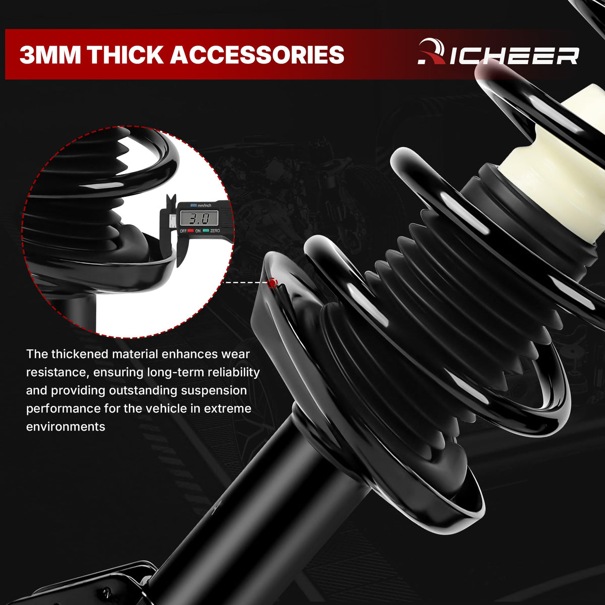 Richeer strut installed on vehicle front demonstrating restored ride control and handling