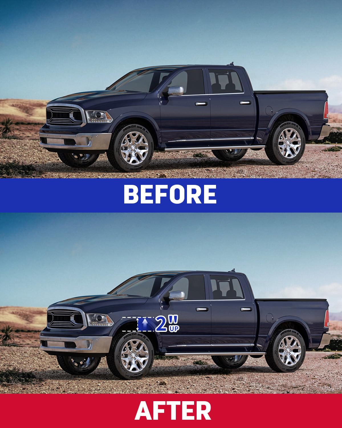 Richeer lifted Ram driving off-road demonstrating enhanced approach angle and practical clearance