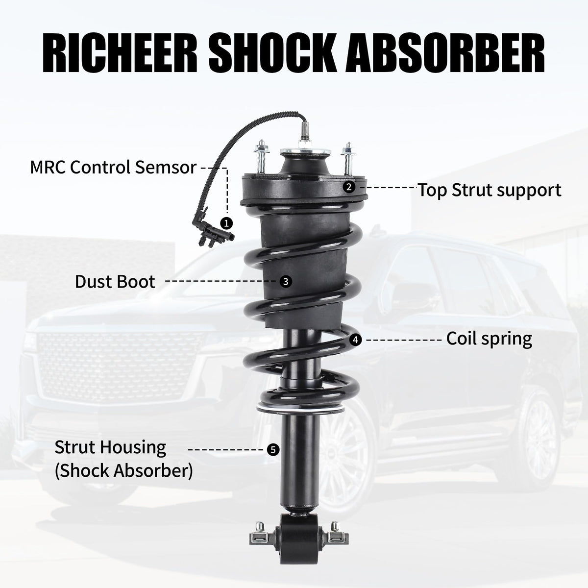 Richeer shock absorber mount detail showing reinforced welds and improved durability benefit