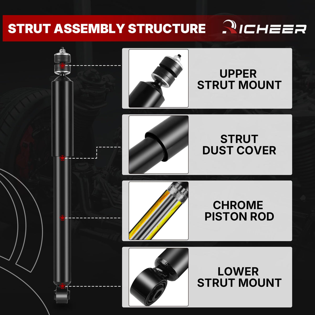 Richeer strut mount and hardware displayed with bolts and bushings for complete replacement