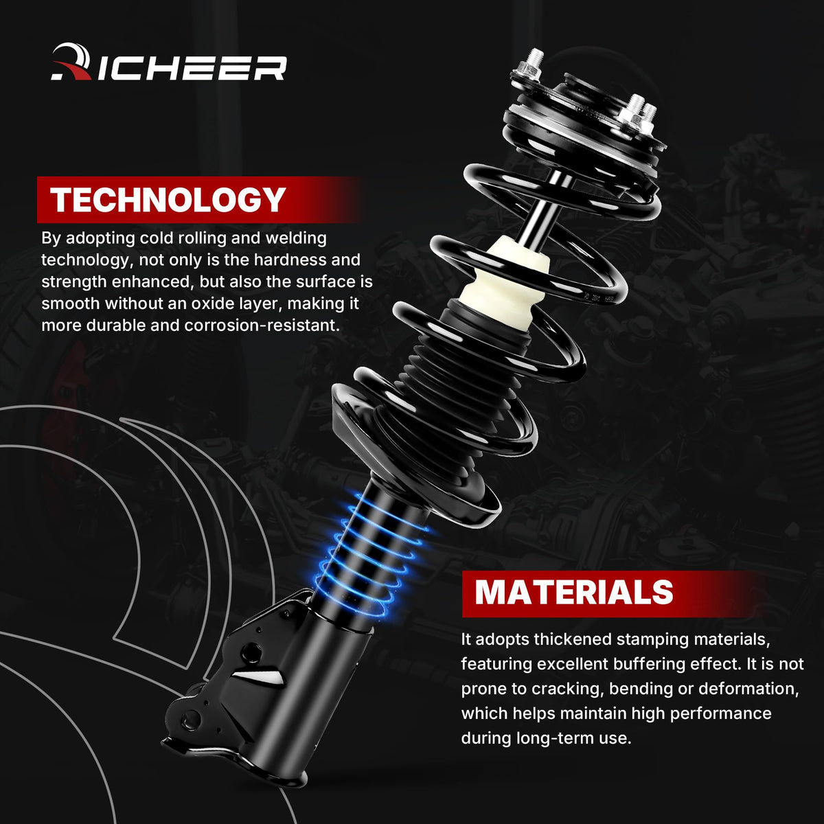 Richeer strut spring closeup highlighting chromium silicon alloy spring for improved stiffness
