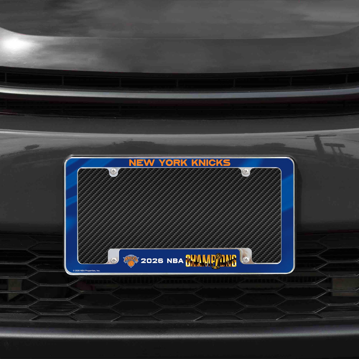 Rico Industries close-up of chrome finish and printed Knicks logo for lasting color