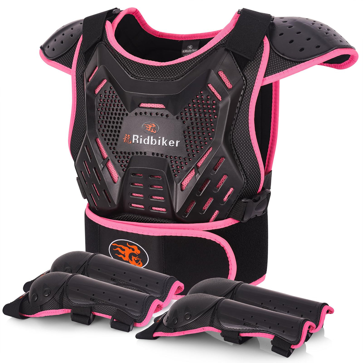 RIDBIKER front view of vest and pads showing full protection