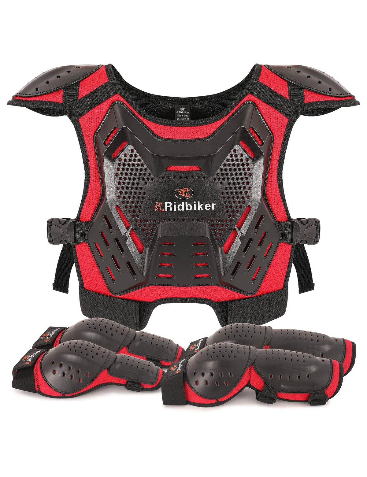RIDBIKER front vest packaging showing protective coverage and quick-release buckle