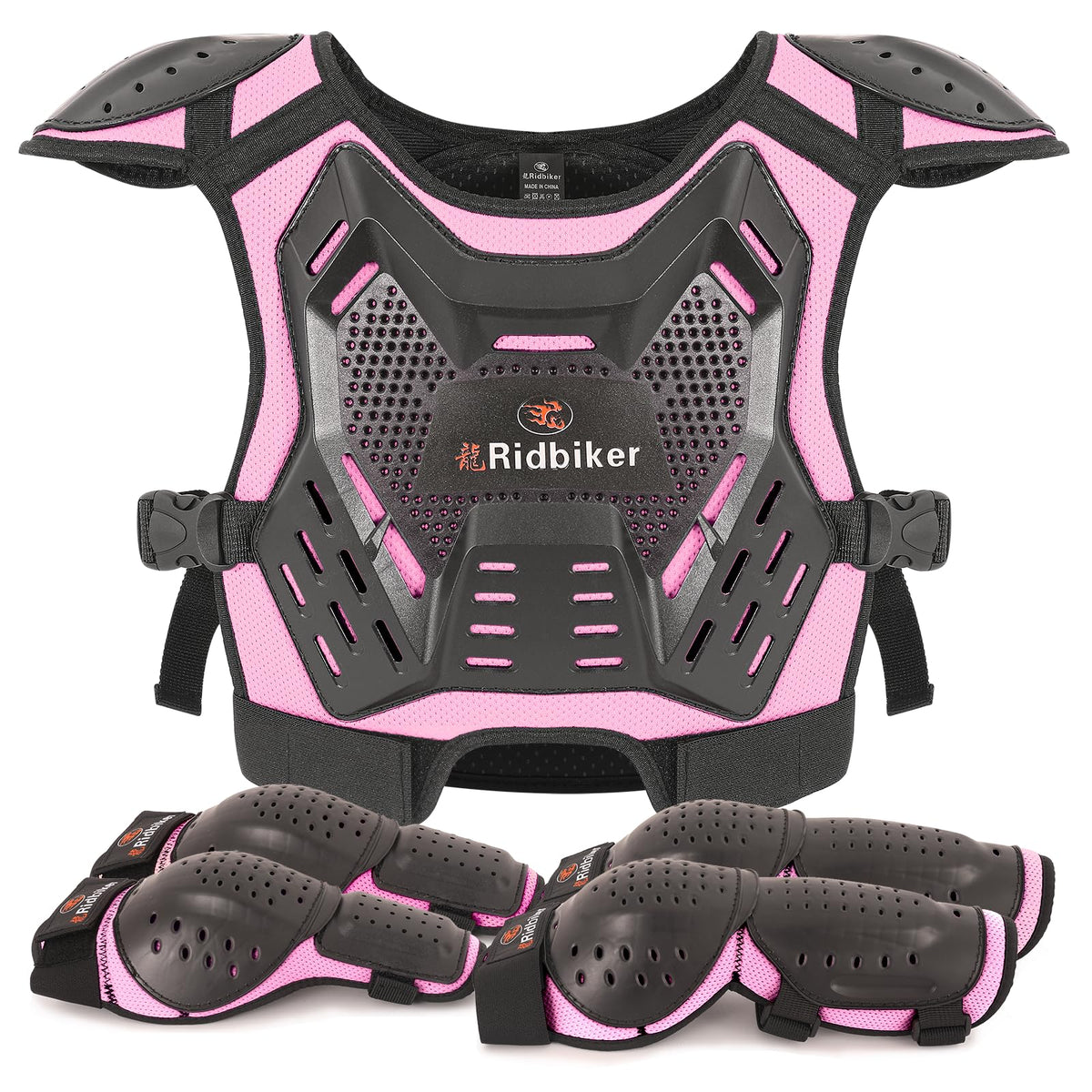 RIDBIKER front chest vest in pink showing complete torso protection and easy fastening