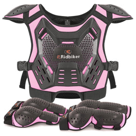 RIDBIKER front chest vest in pink showing complete torso protection and easy fastening