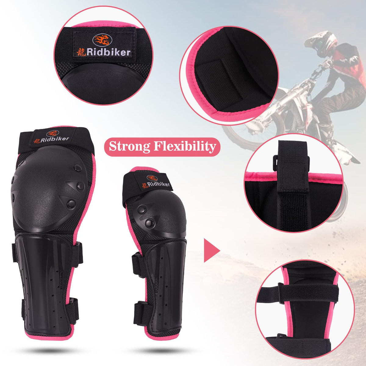 RIDBIKER knee guard close-up of molded shell for impact dispersion