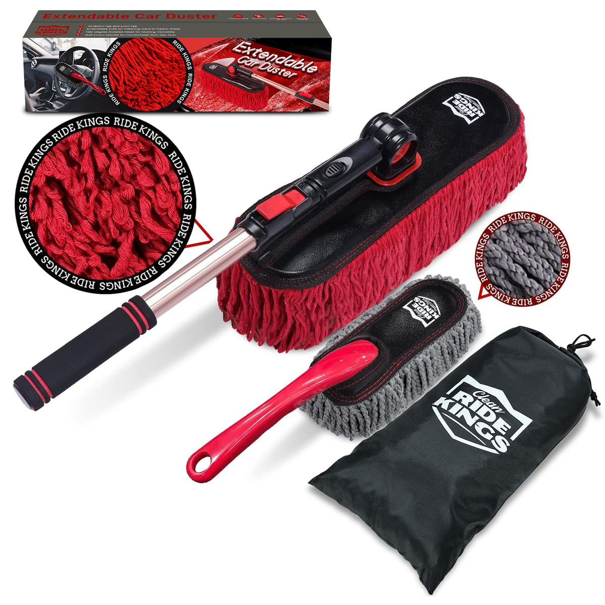 RIDE KINGS front view of full duster kit showing components and bag, easy storage benefit