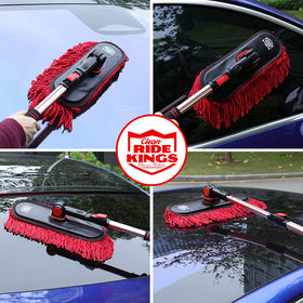 RIDE KINGS cleaning car exterior roof with duster showing quick dust removal benefit