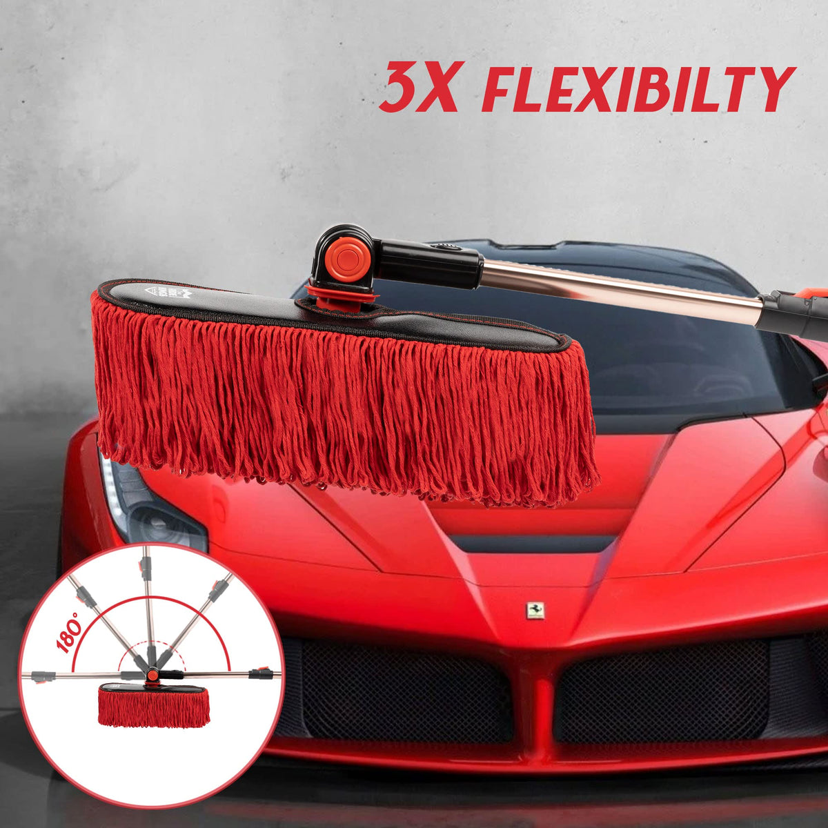 RIDE KINGS wide mop head covering large panel to speed up exterior dust removal