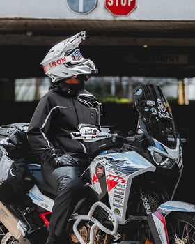RIDEIRON detachable hood detail with adjustable drawstring for secure protection