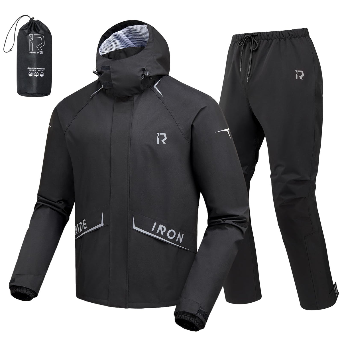 RIDEIRON front view of jacket and pants showing full coverage and pockets for dry storage